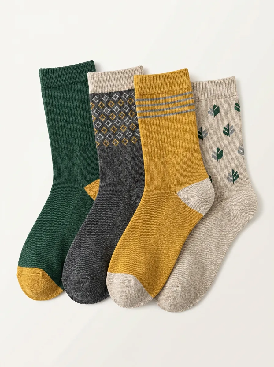 Comfort-Look Geometric Vintage-Inspired Four-Pair Crew Socks