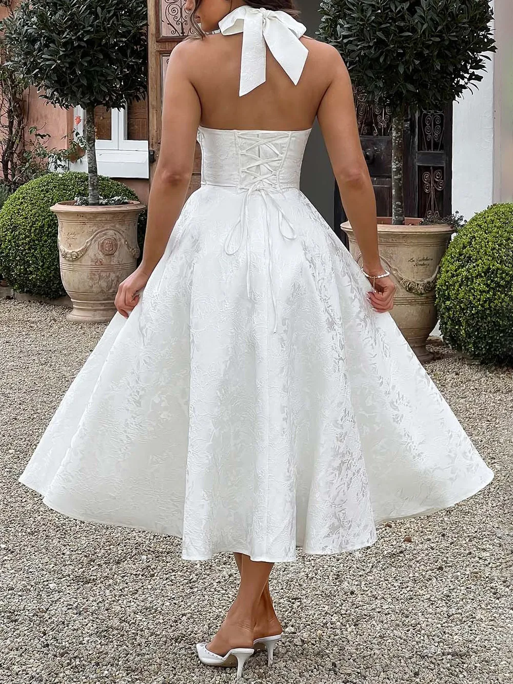 Vintage Elegant Jacquard V Neck Halter Midi Dress