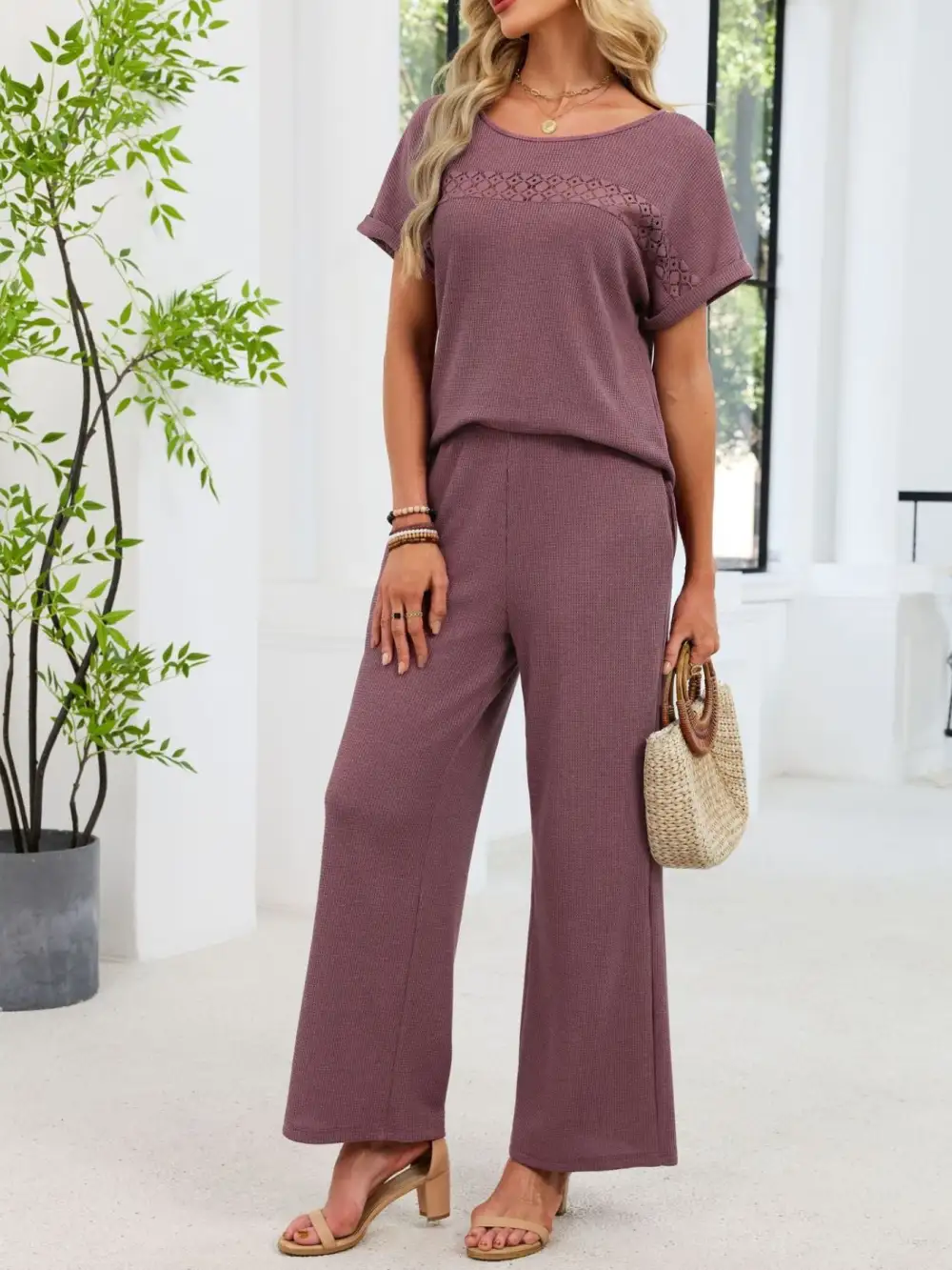 Lace Detail Short Sleeve Top and Pants Set