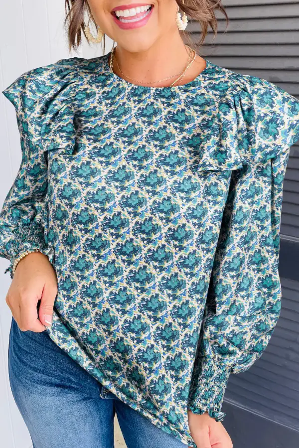 Abstract Print Shirred Puff Sleeve Blouse