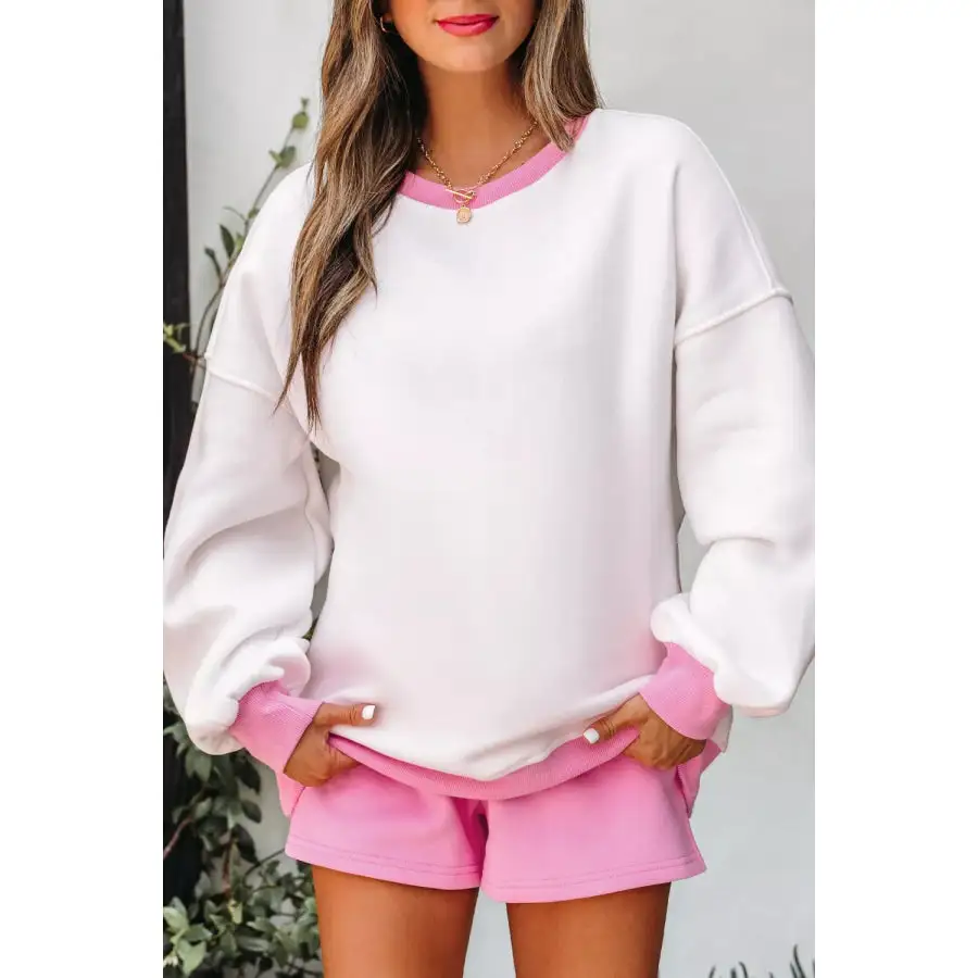 Block Sweatshirt and Elastic Waist Shorts Set
