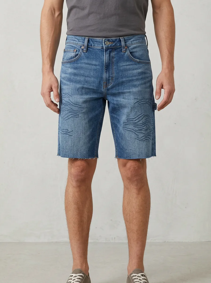 Men's Wave Raw Hem Distressed Denim Shorts