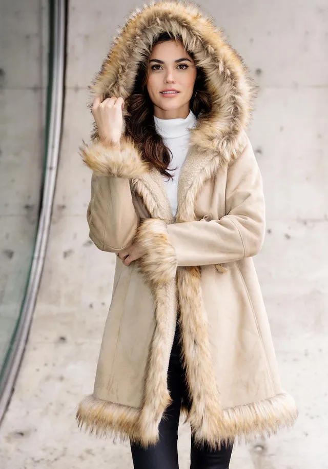 Latte Faux Suede & Faux Fur Alpine Hooded Coat