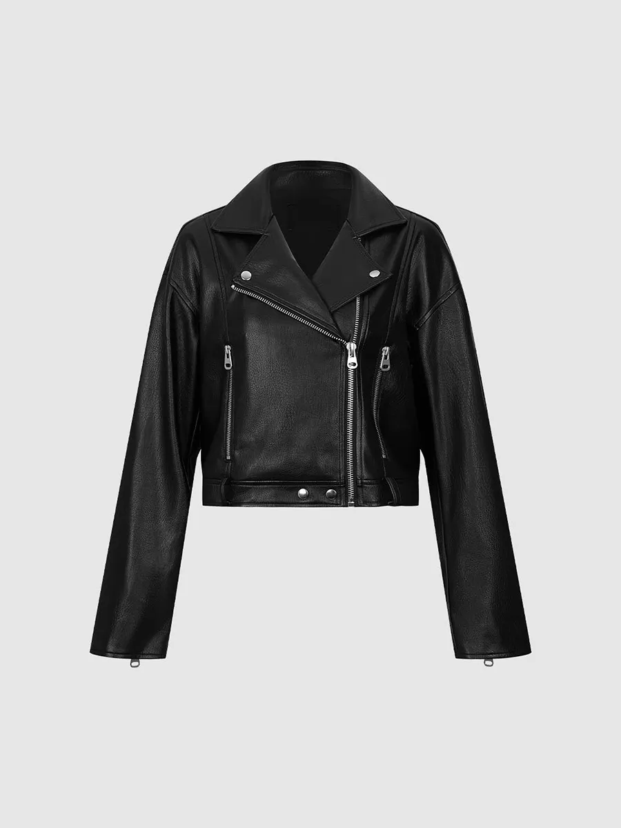 Ladies' Black Zipper Large Lapel Elegant Classic Style Jacket