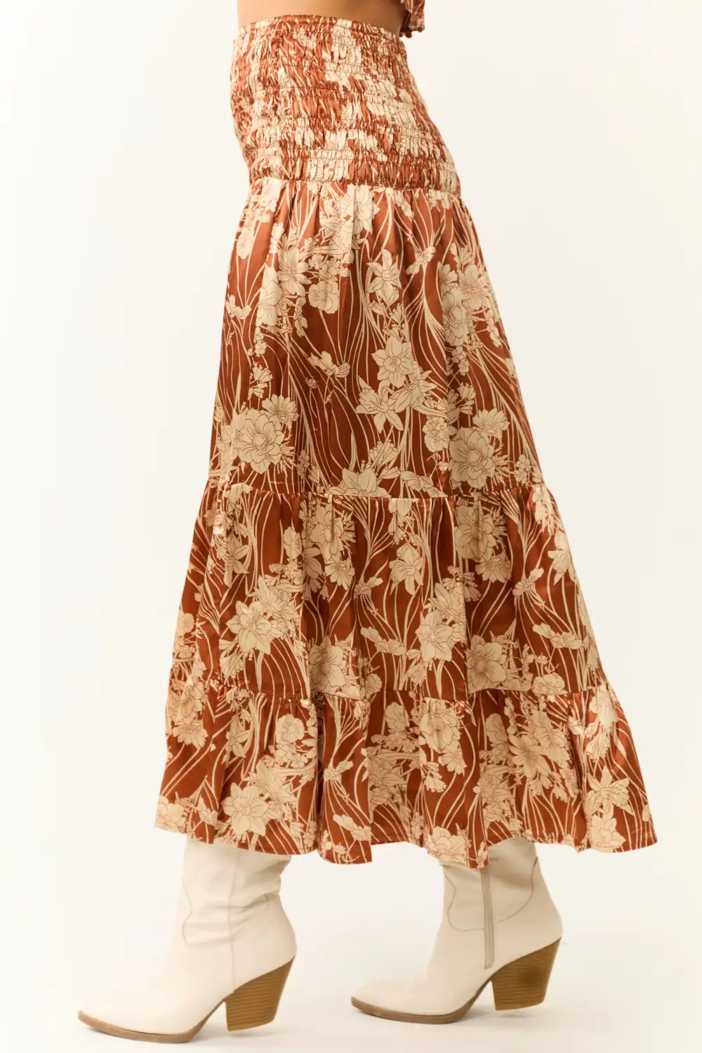 Burnt Orange Floral Print Satin Skirt