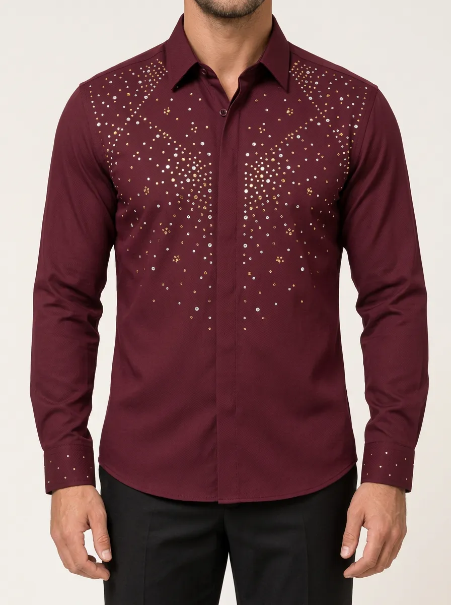 Burgundy Studded Button Down Shirt for Evening Style