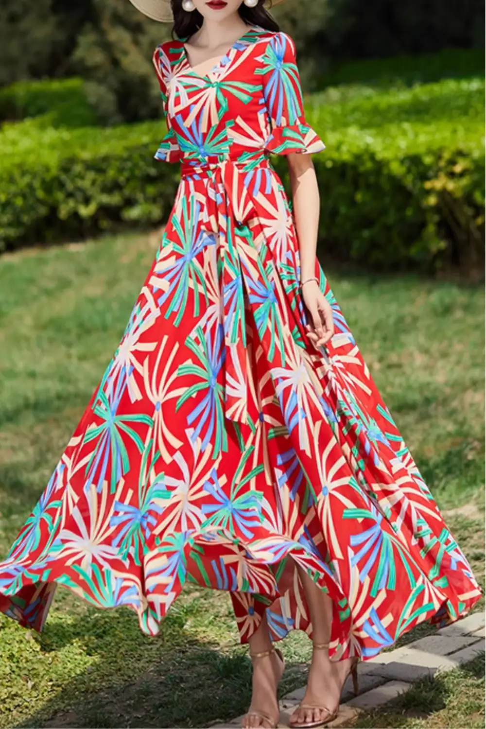 Floral Chiffon Ruffle V Neck Short Sleeve Maxi Dress