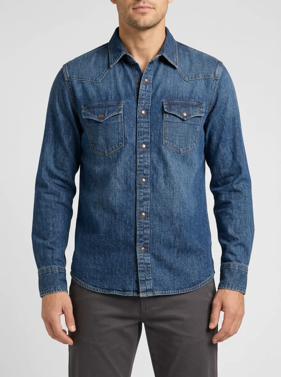 Heritage-Inspired Classic Denim Snap-Front Shirt