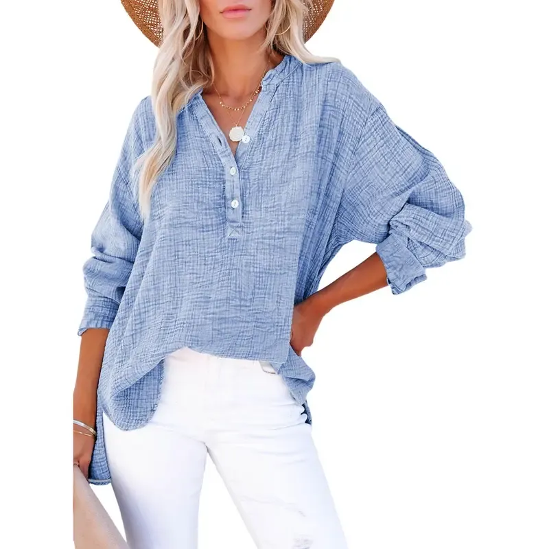 🔥Last Day 49% Offer-Women's Casual Button V Neck Long Sleeve Shirts Oversized Solid Blouses Tops 100% Cotton Boyfriend Style Loose Fit