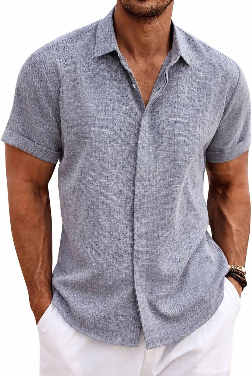 Men's Linen Shirts Short Sleeve Casual Shirts Button Down Shirt for Men Beach Summer Wedding Shirt