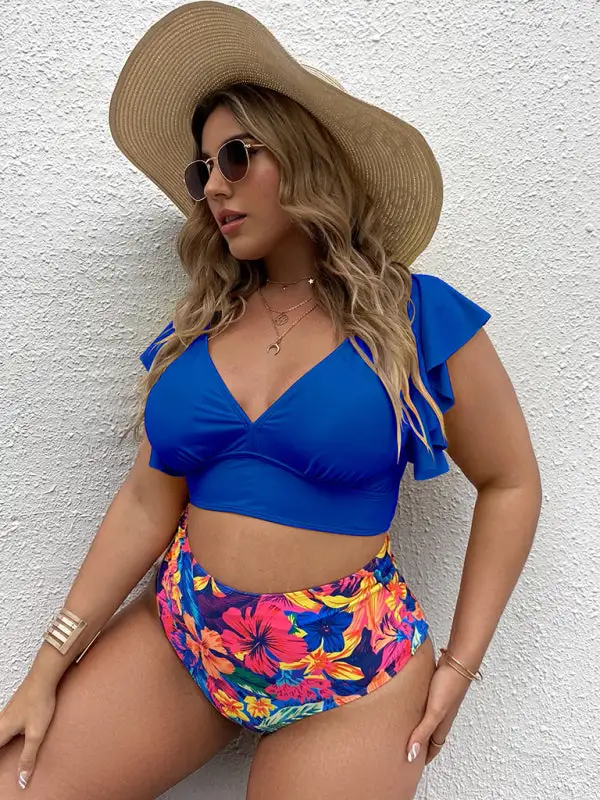 Plus Size Falbala V Neck Bikini Swim Set
