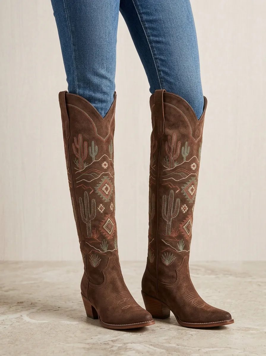 Women's Western Cactus Geometric Embroidered Block-Heel Stacked-Heel Denim Over-the-Knee Boots