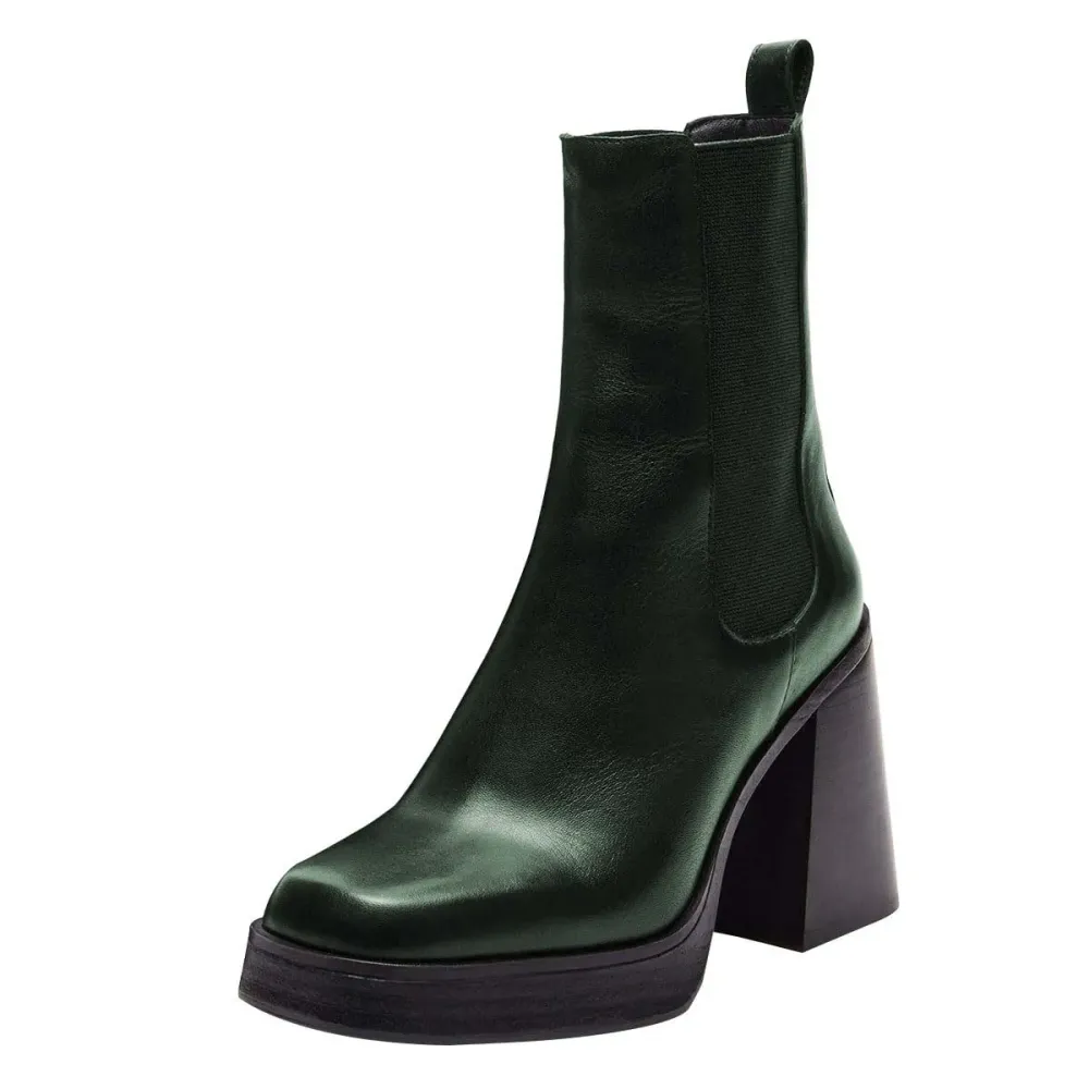 Faux-Leather Square-Toe Chunky-Heel Platform Ankle Boots