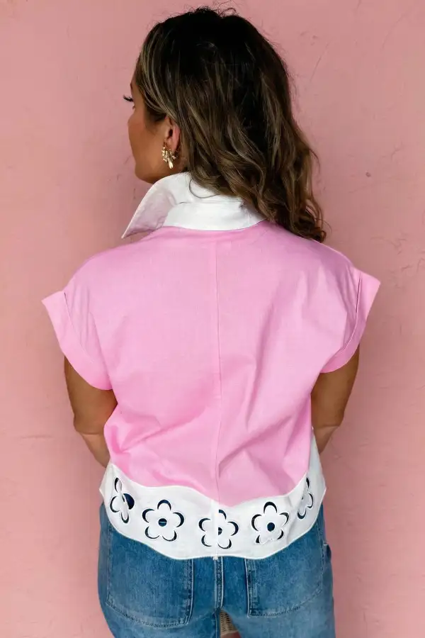Pink Hollow-Out Floral Contrast Patchwork Short Sleeve Button Up Shirt