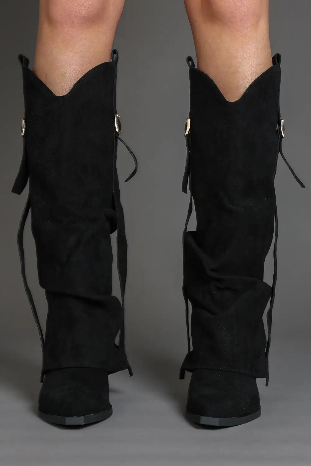 Refined Western Slouch Fold-Over Buckle Detail Knee High Boots