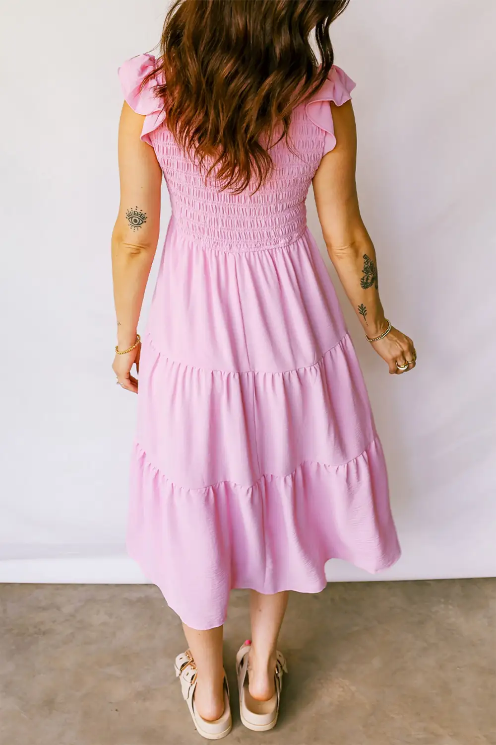 Smocked Bodice Flutter Sleeve Fit Flare Tiered Midi Dress