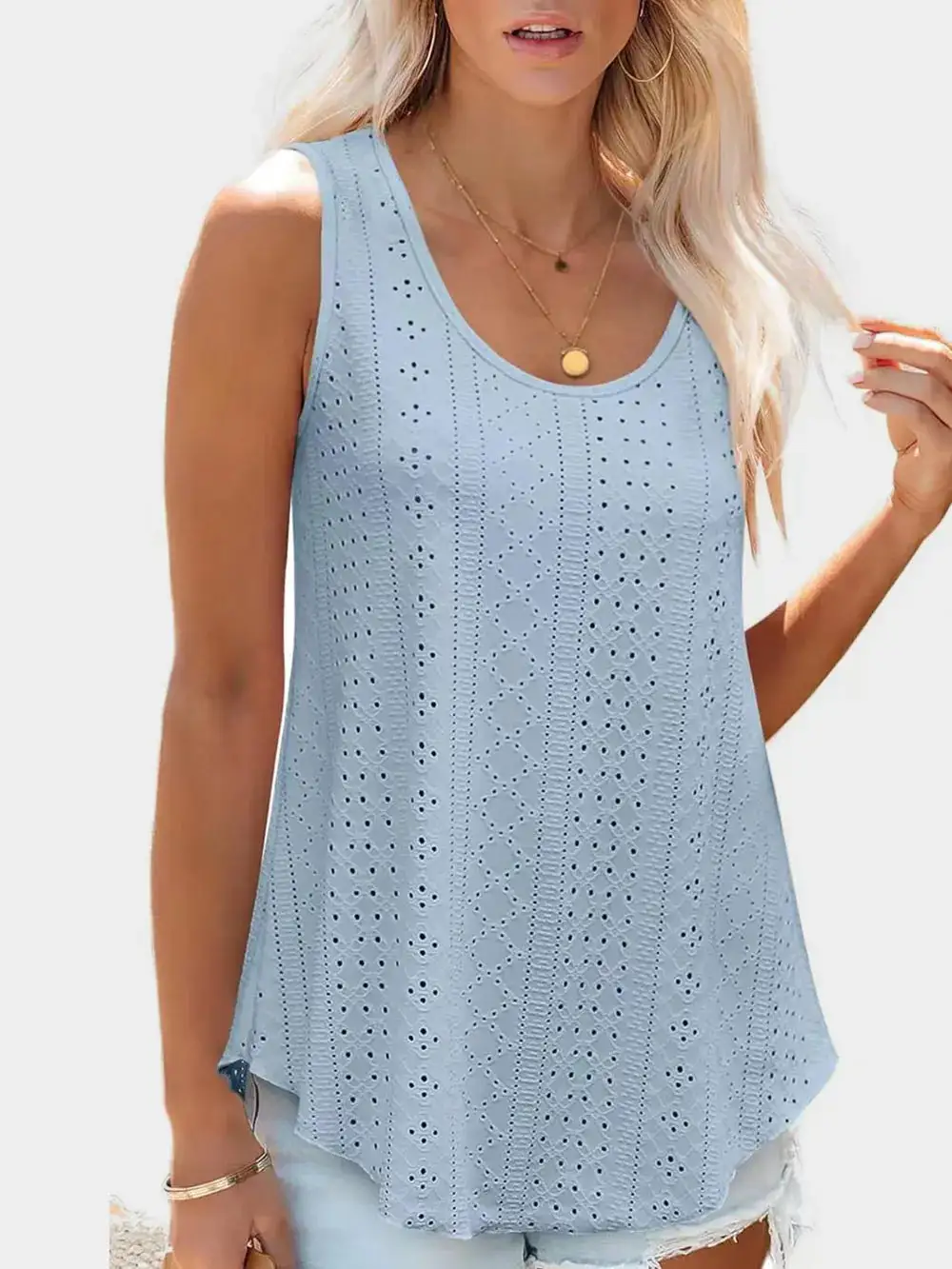 Eyelet Round Neck Tank With Sheer Detail