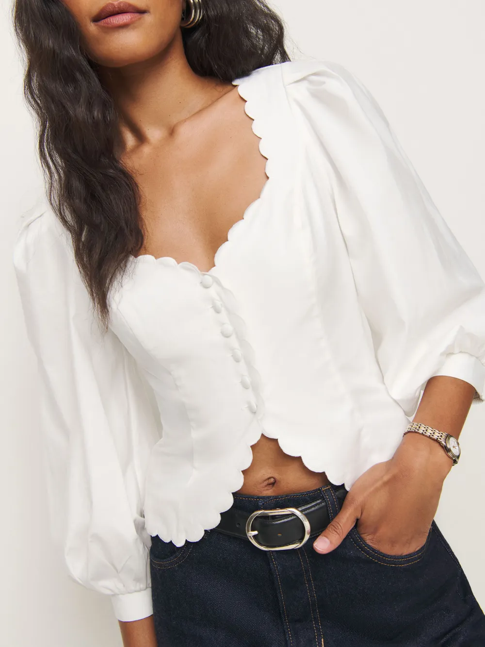 Scalloped Edge Puff Sleeve Crop Top