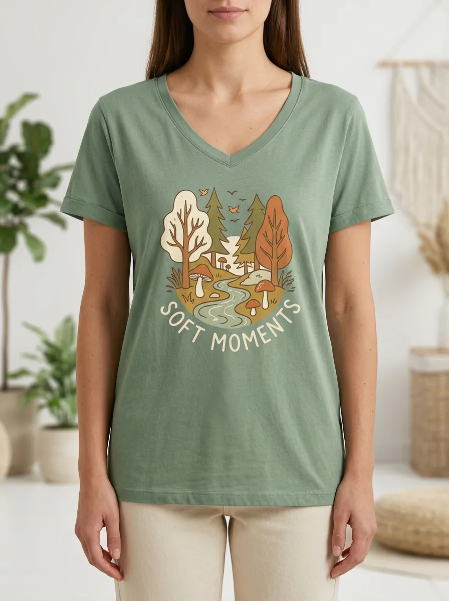 Women's Nature Soft Moments Forest Mushroom Print V-Neck T-Shirt