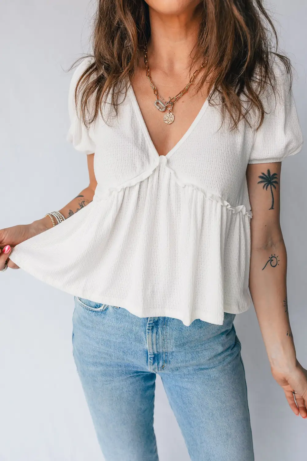 White Textured Knit V Neck Short Bubble Sleeve Peplum Top