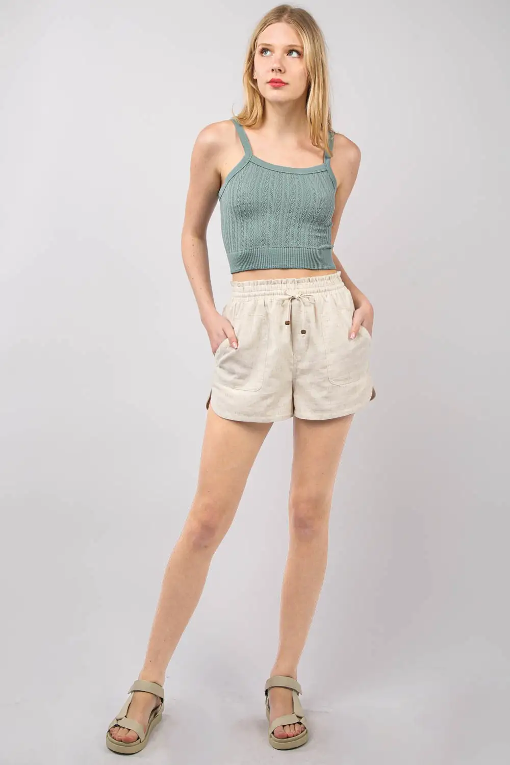Drawstring Elastic Waist Linen Shorts