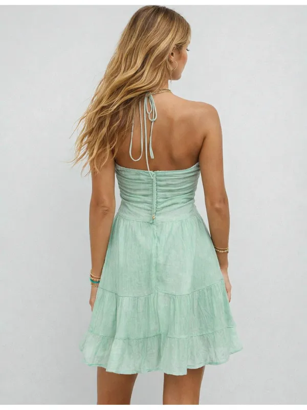 Halter V Neck Back Ruched Tiered Hem Mini Dress