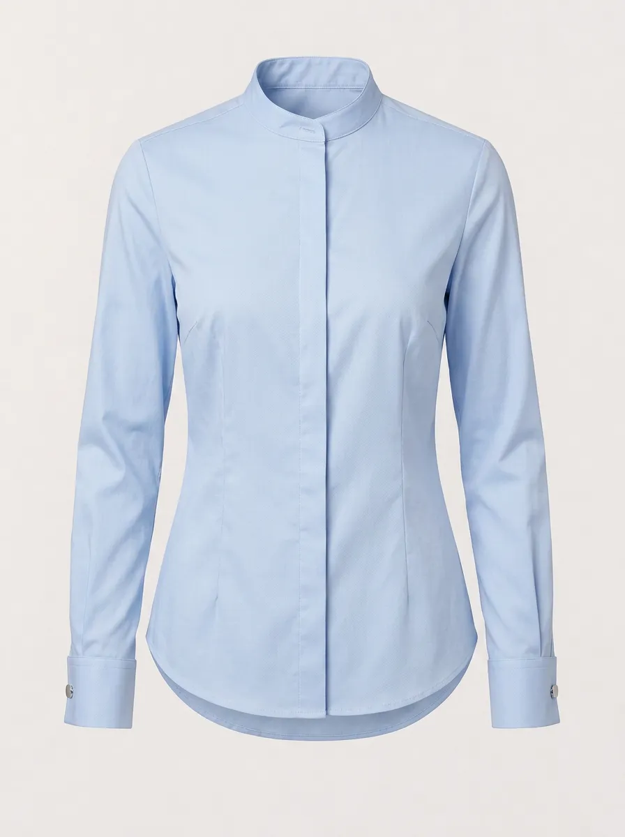 Women's Light Blue Mandarin Collar Long Sleeve Button Up Shirt
