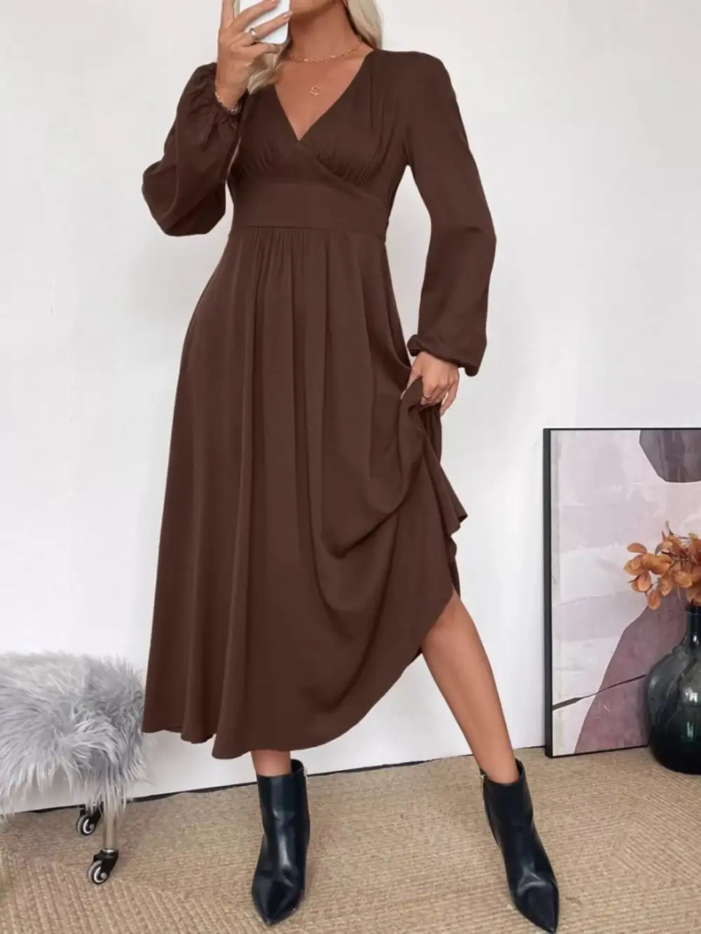 V Neck Long Sleeve Midi Dress