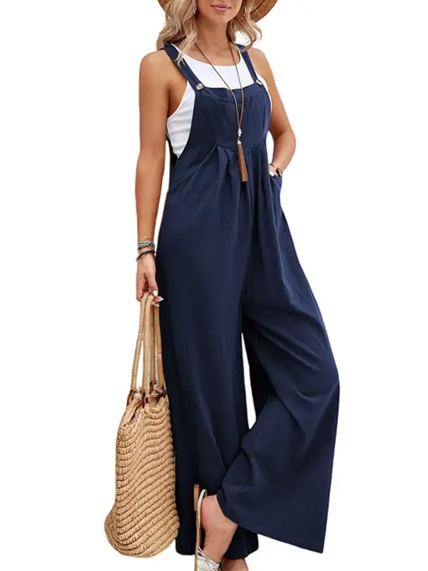 Loose Pleated Split-Joint Spaghetti-Neck Overalls