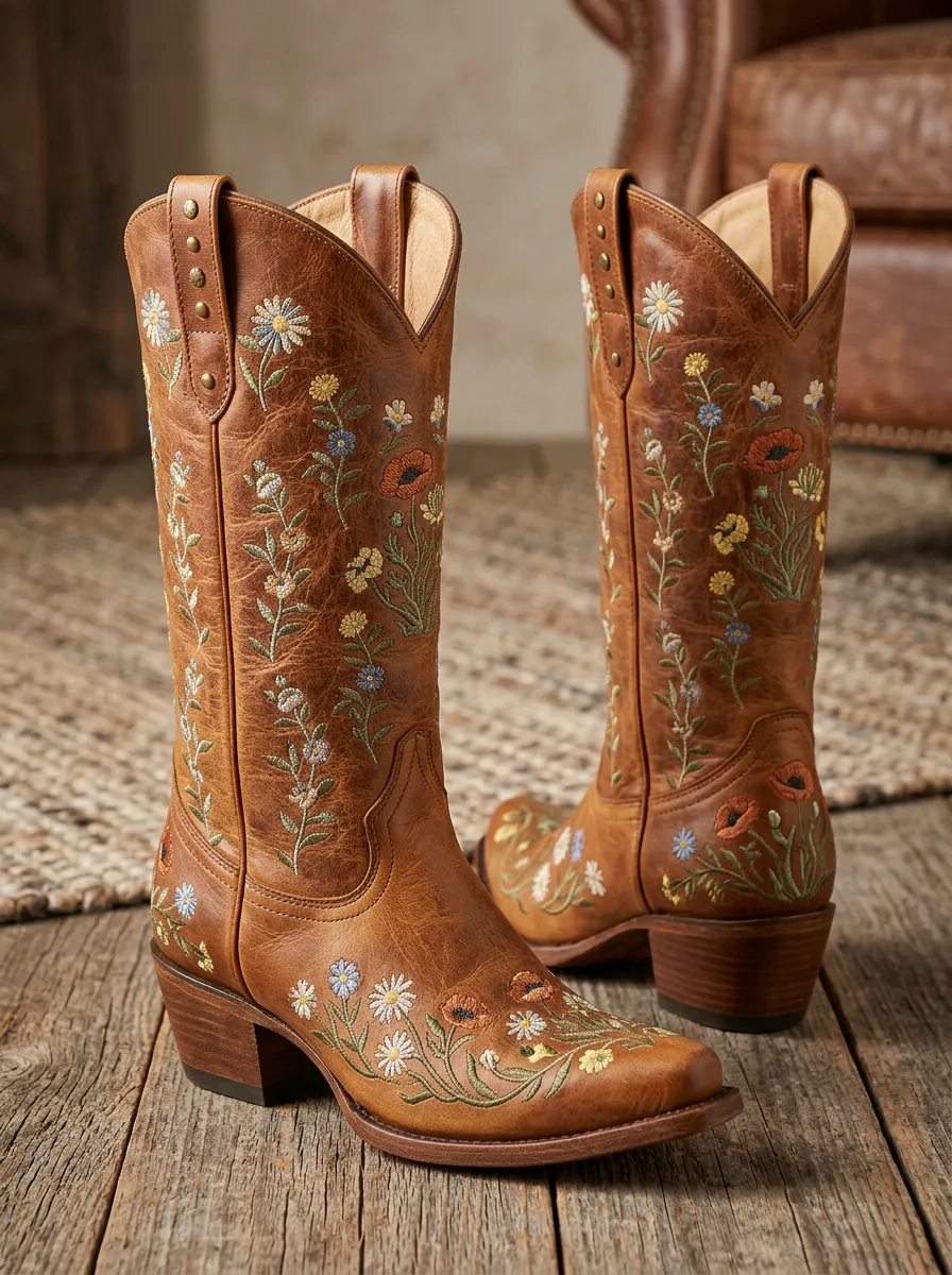 Women's Western Cowboy Floral Embroidered Cowgirl Boots