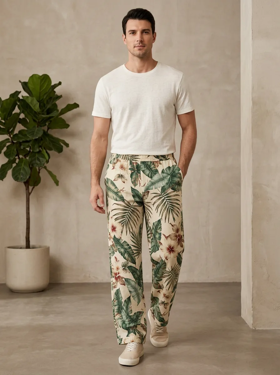 Men's Resort Inspired Printed Palm Leaf Hibiscus Pants