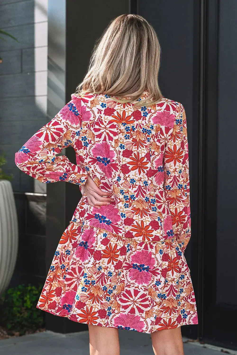 Fall Flower Print Long Sleeve Mini Dress