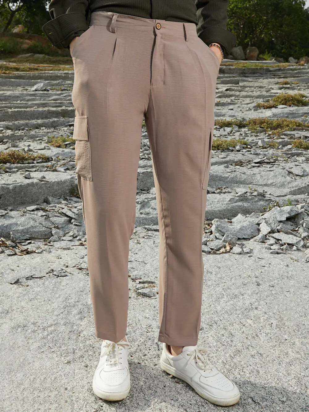 Beige Mid Rise Utility Trousers