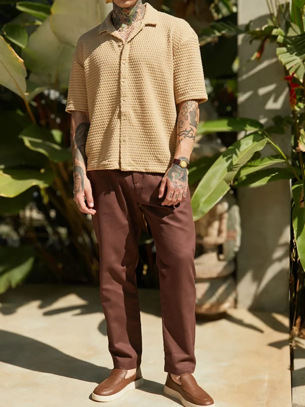 Beige Casual Style Knit Oversized Shirt