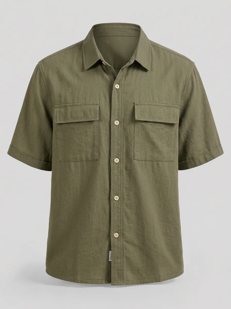 Men's Casual Summer Olive Green Button-Down Short Sleeve Shirt