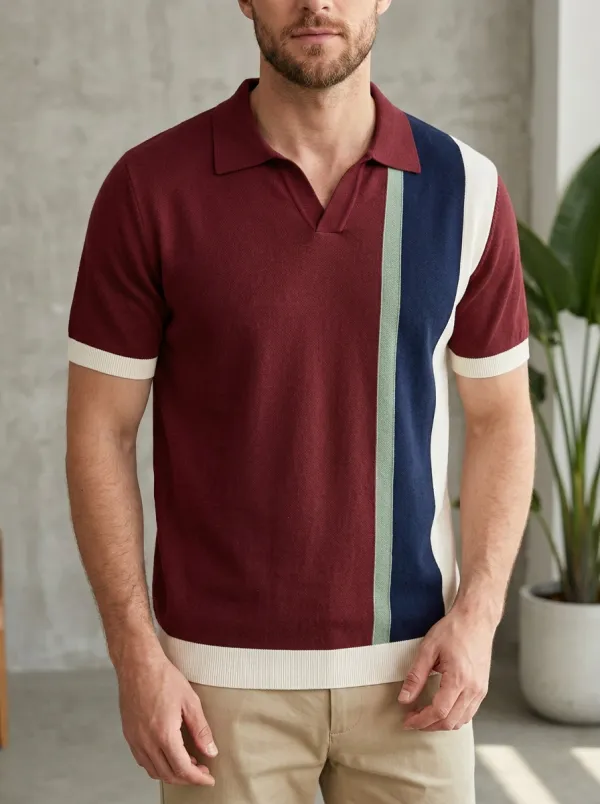 Men's Classic Knit Ribbed Textured Vertical-Stripe Colorblock Polo Shirt