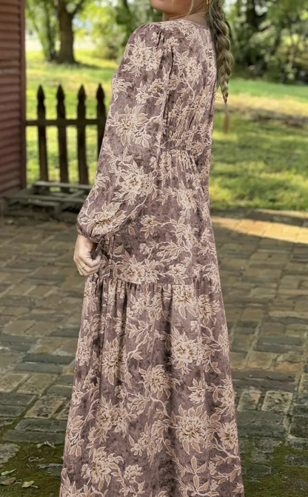 Floral Print Smocked High Waist Long Sleeve Maxi Dress