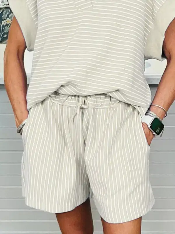 Relaxed Stripe Dolman Sleeve Polo Shirt Drawstring Shorts