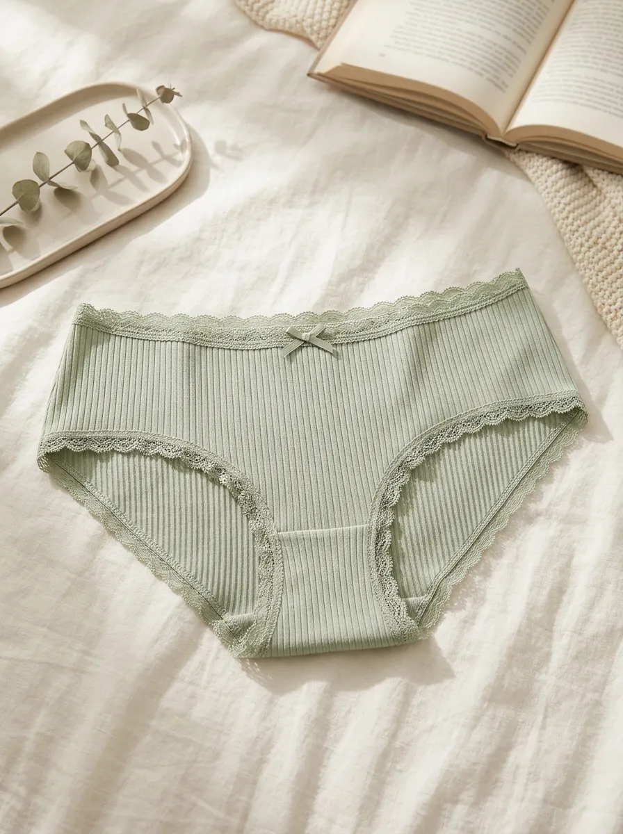 Women's Sage Green Ribbed Lace Trim Bow Panties