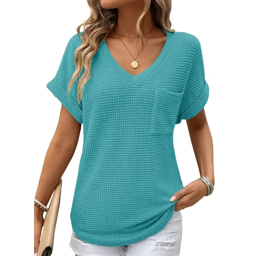 Women's Waffle Knit V-Neck Casual Summer Top