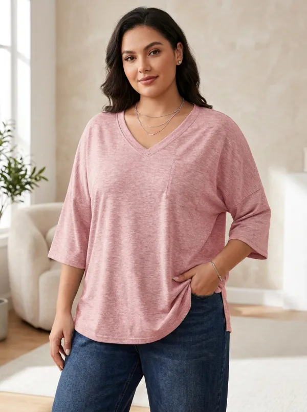 Women's Plus Size Grey Pocket V-Neck Loose T-Shirt