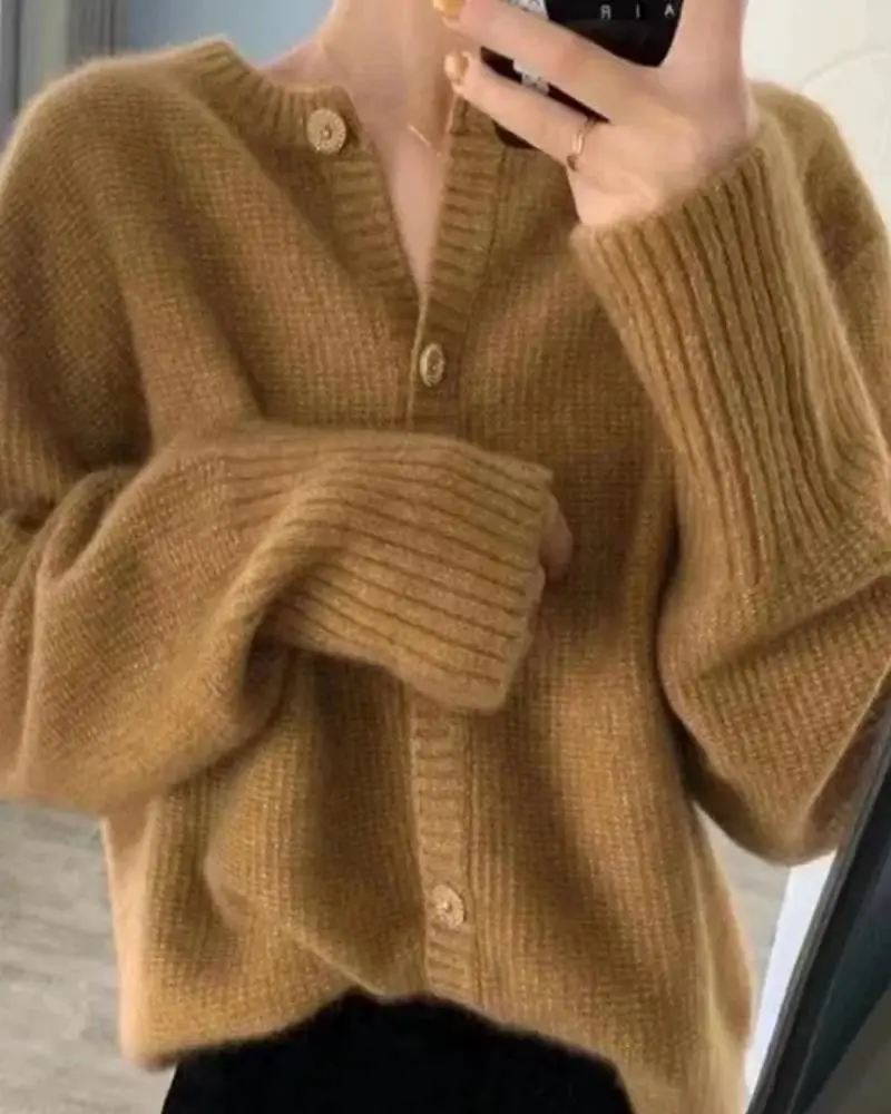 Cashmere Button-Front Round-Neck Cropped Cardigan