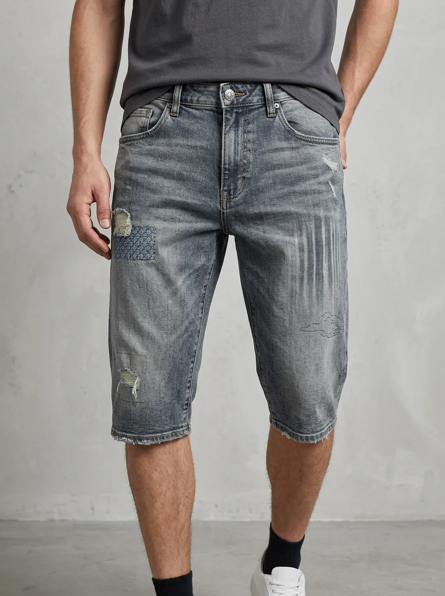Men's Modern Patchwork Distressed Raw Hem Distressed Denim Shorts
