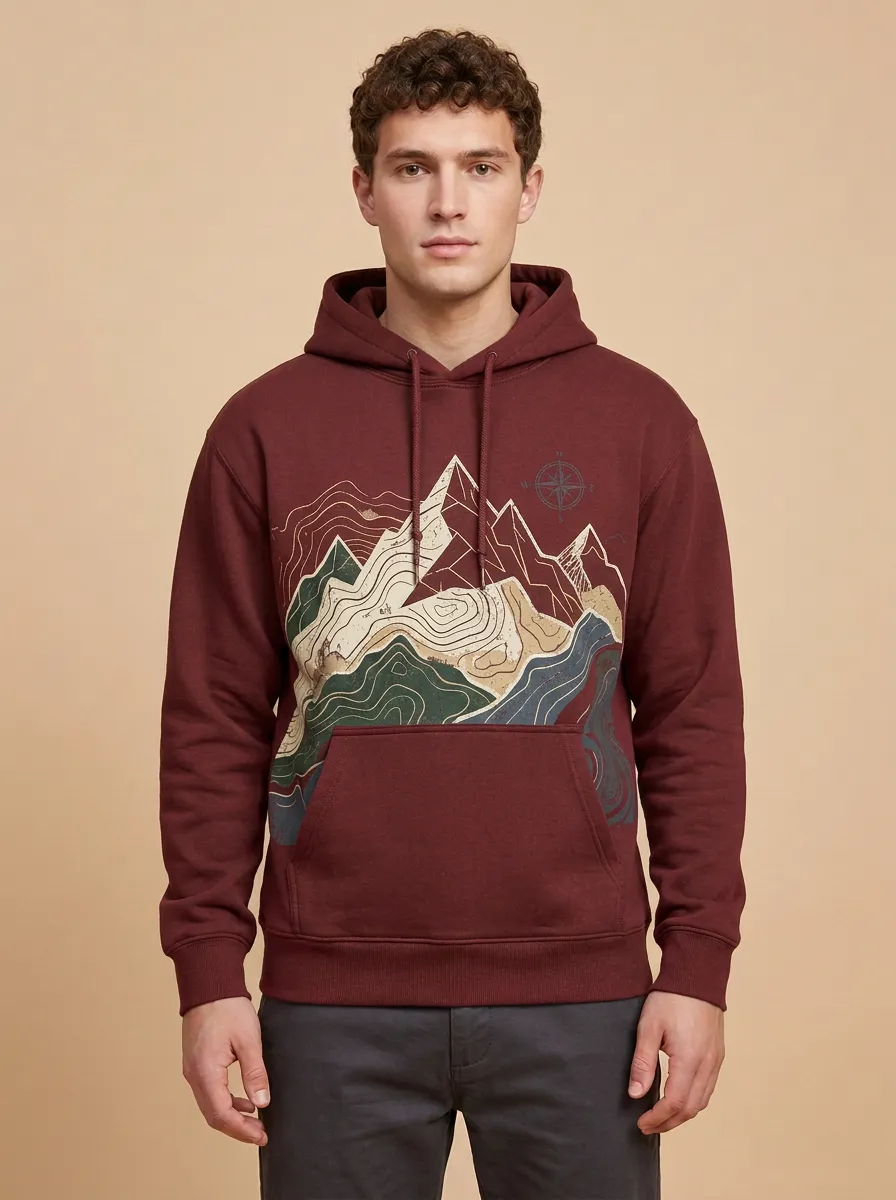 Men's Mountain Hiking Topographic Compass Graphic Hoodie