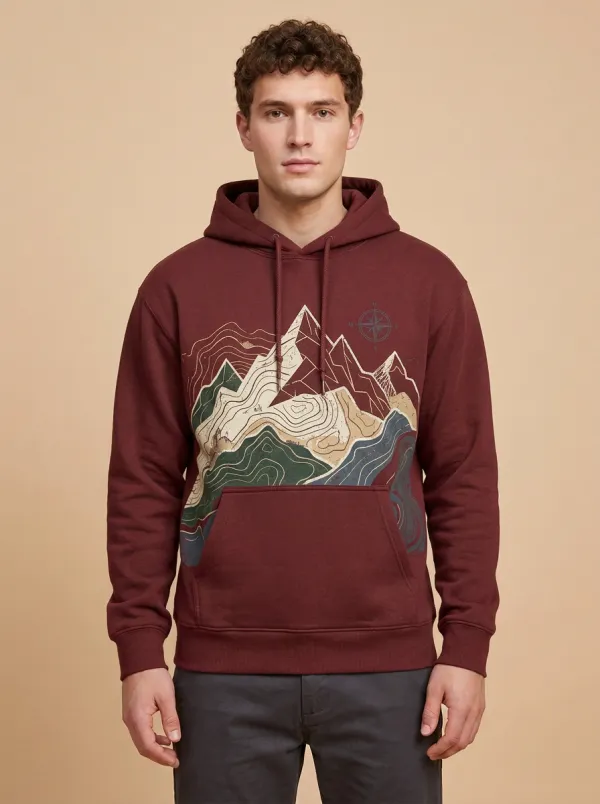 Men's Mountain Hiking Topographic Compass Graphic Hoodie