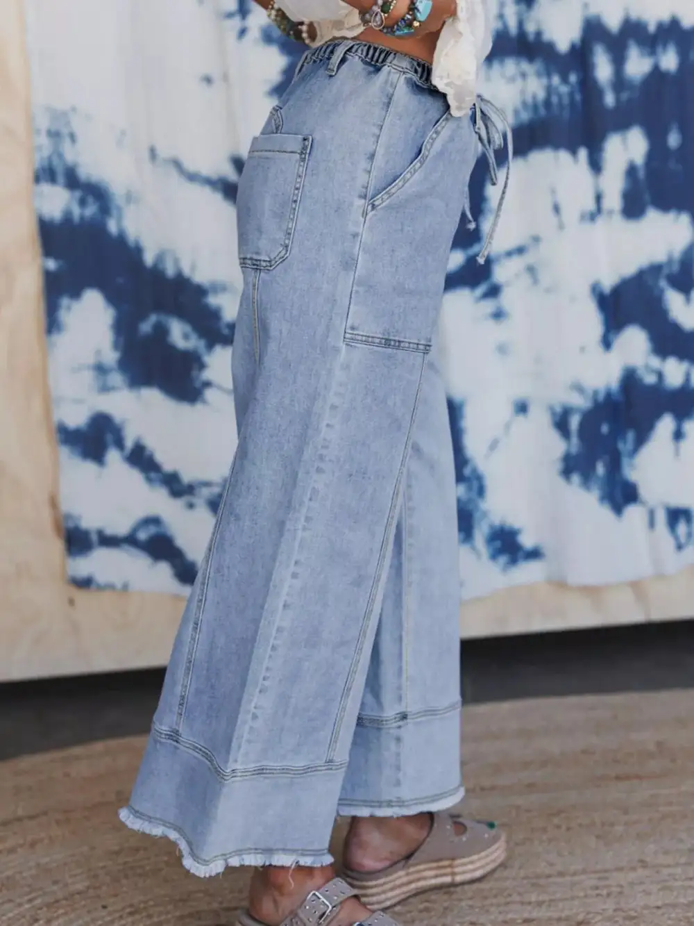 Drawstring Raw Hem Wide Leg Jeans