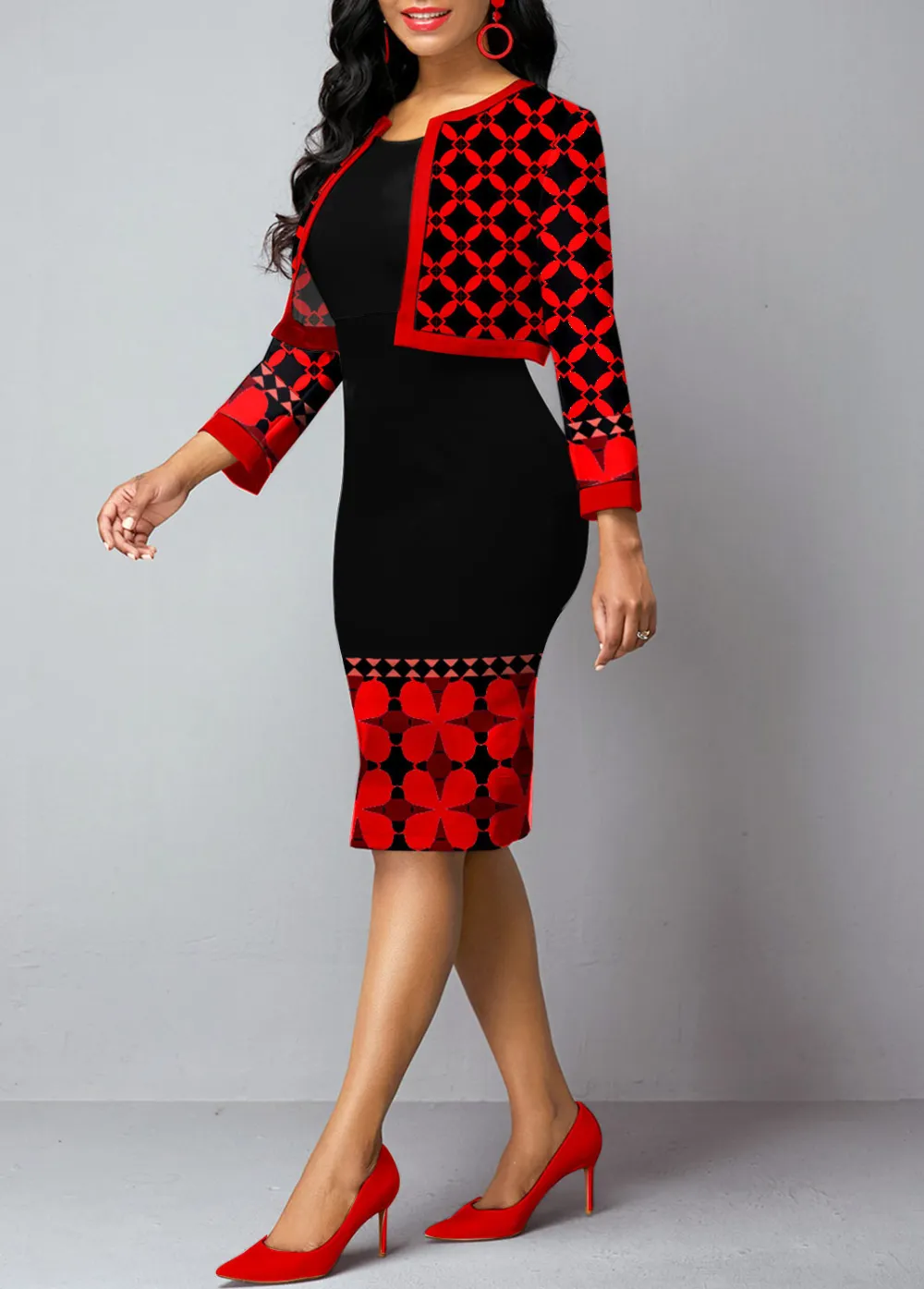 Open Front Tribal Print Cardigan and Sheath Dress