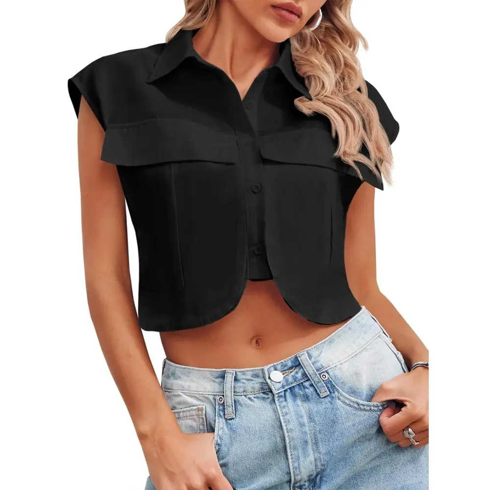 Womens Button Down Shirts Cute Summer Cap Sleeve Crop Tops