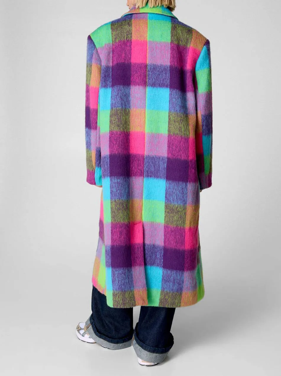 Women'S Contrast Plaid Fuzzy Long Coat