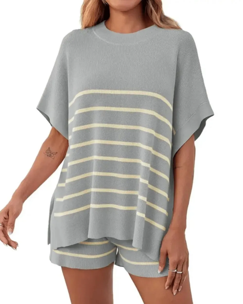 Striped Batwing Top and High-Waist Shorts Two-Piece Lounge Set